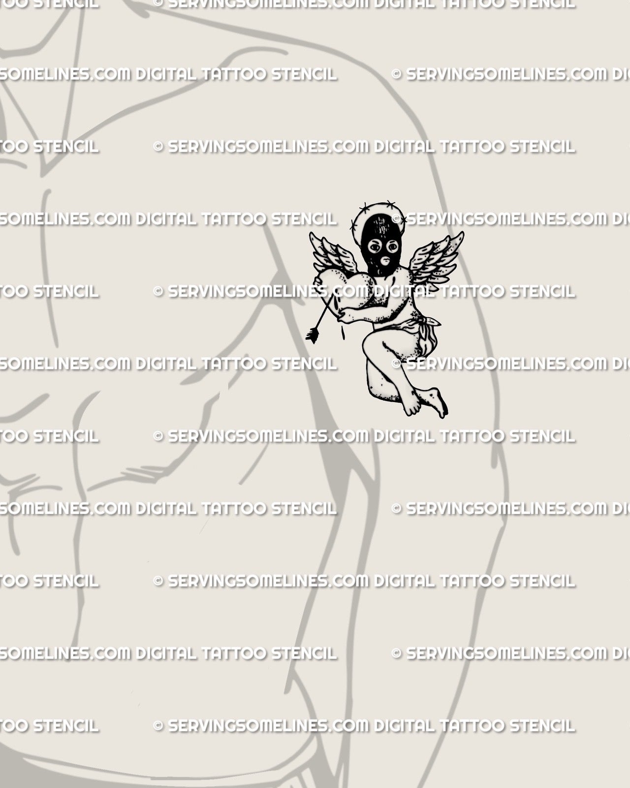 Cupid heart tattoo stencil displayed on men’s arm placement with black mask, arrow detail, barbed halo, and small wings