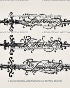 Close-up of cursive word sword tattoo designs showing Limerence, Ethereal and Immortal lettering, ornate blades, fine script strokes, and filigree details
