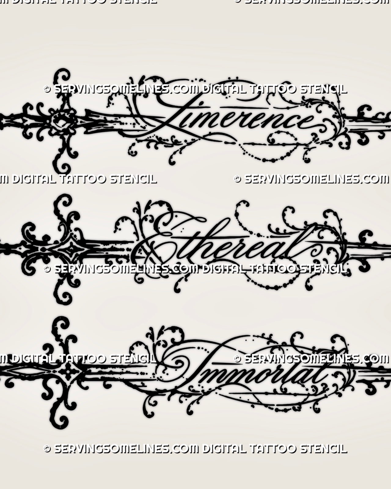 Close-up of cursive word sword tattoo designs showing Limerence, Ethereal and Immortal lettering, ornate blades, fine script strokes, and filigree details