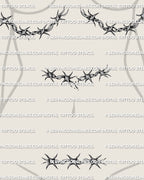 Curved barb wire tattoo stencil shown on female underbreast and center stomach placement preview