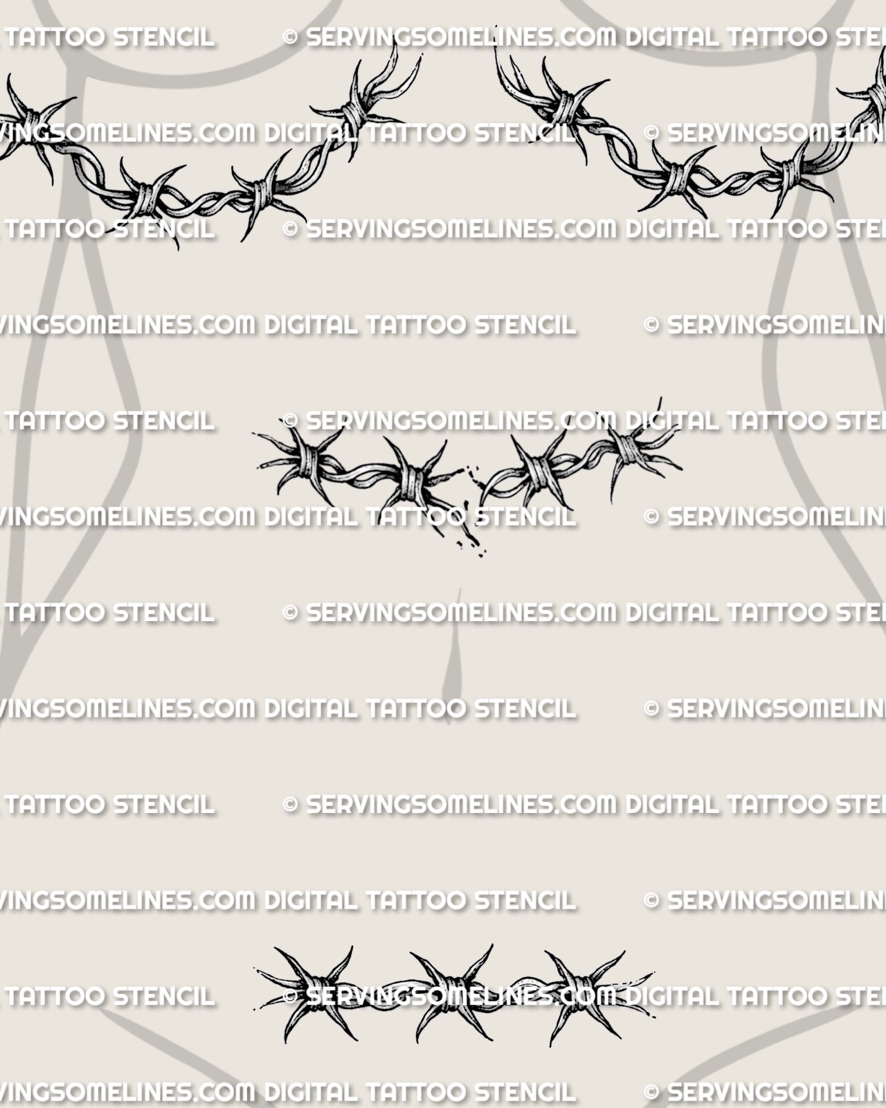 Curved barb wire tattoo stencil shown on female underbreast and center stomach placement preview