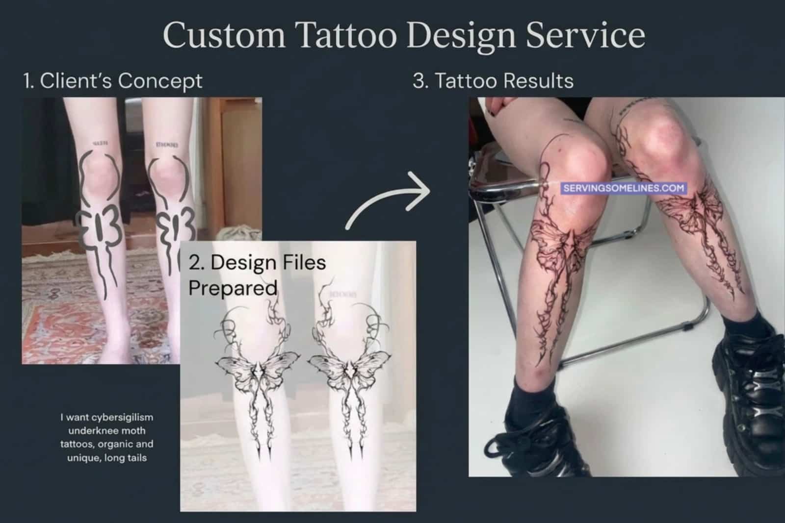Custom cybersigilism moth tattoo design service example showing client concept, prepared files, and finished under knee tattoo results.