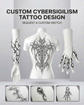 Custom cybersigilism tattoo design service with sharp cyber tribal details created for digital tattoo stencil use.