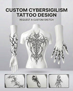 Custom cybersigilism tattoo design service with sharp cyber tribal details created for digital tattoo stencil use.