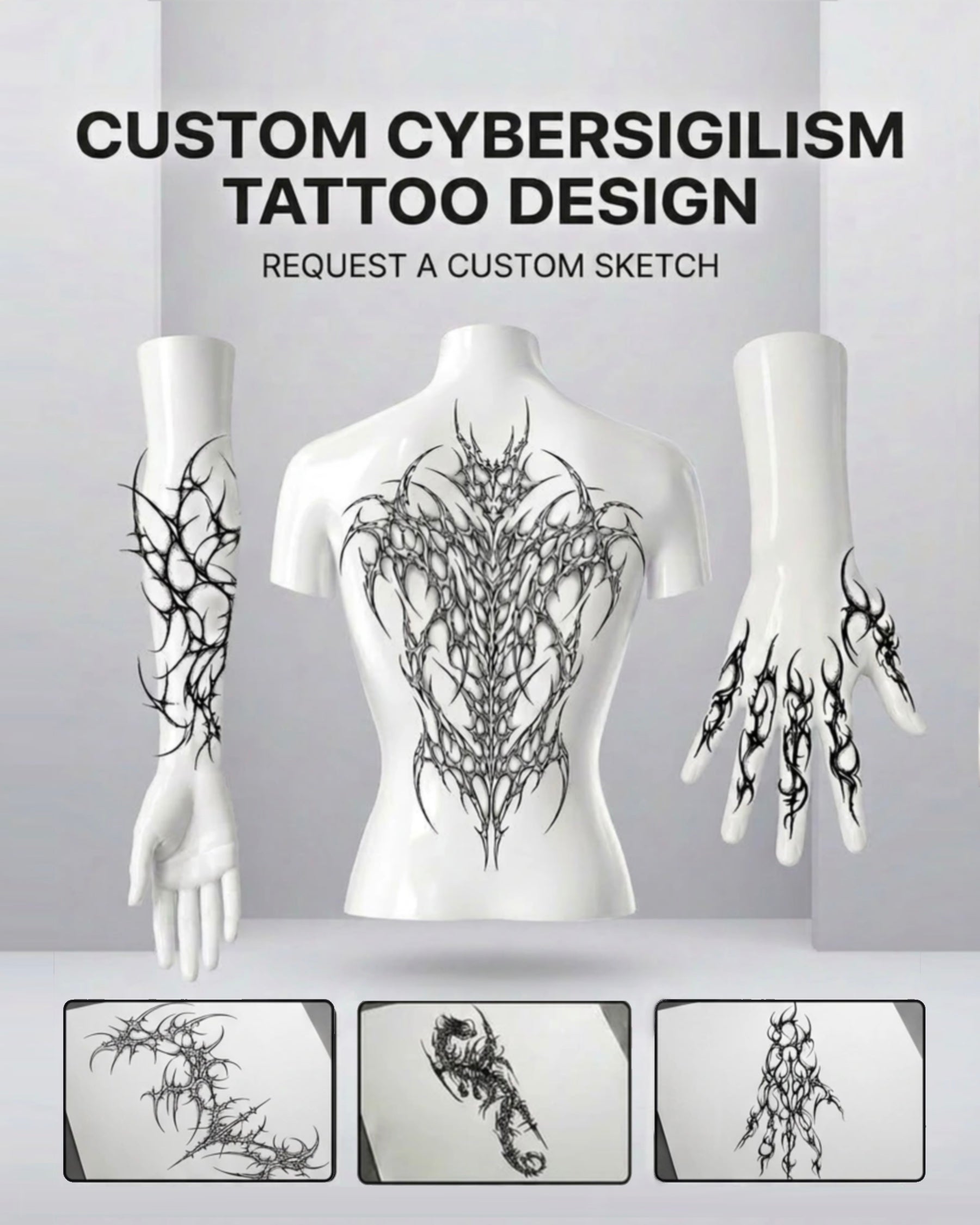 Custom cybersigilism tattoo design service with sharp cyber tribal details created for digital tattoo stencil use.