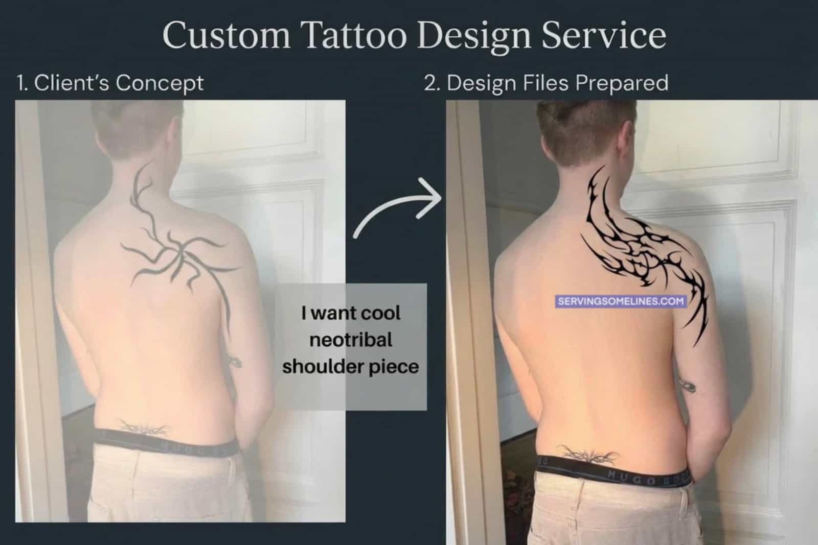 Custom neotribal tattoo design service example showing client concept and prepared shoulder back tattoo design on male placement.
