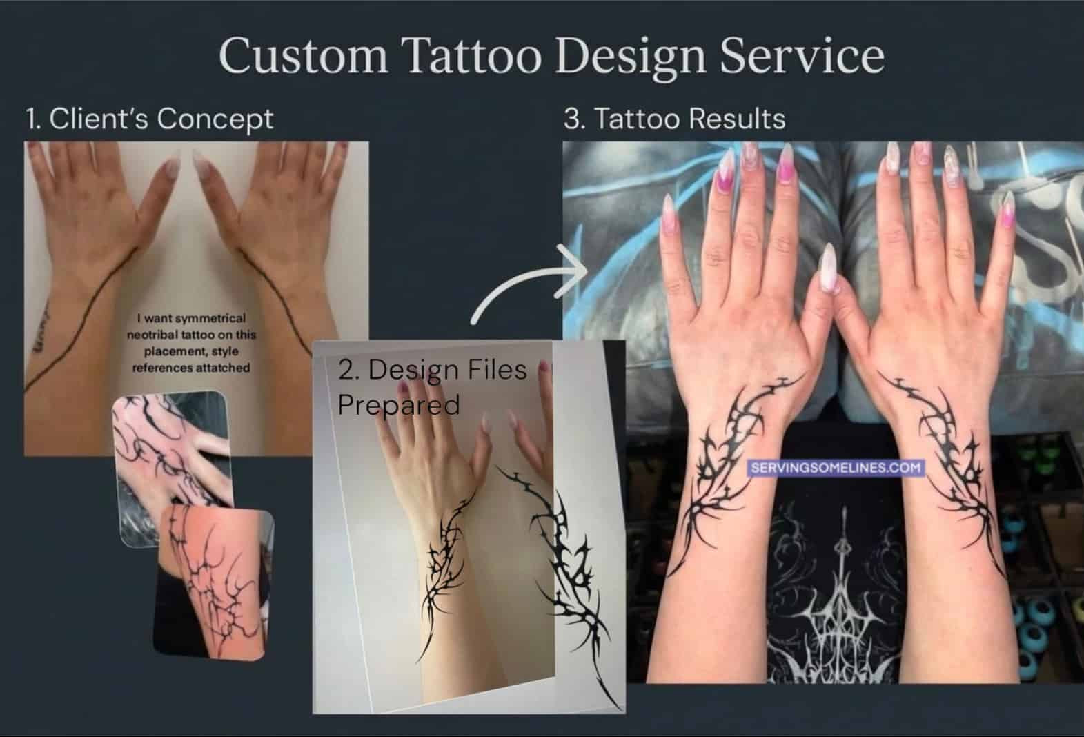 Custom neotribal tattoo design service example showing client concept, prepared stencil files, and finished wrist and hand tattoos.