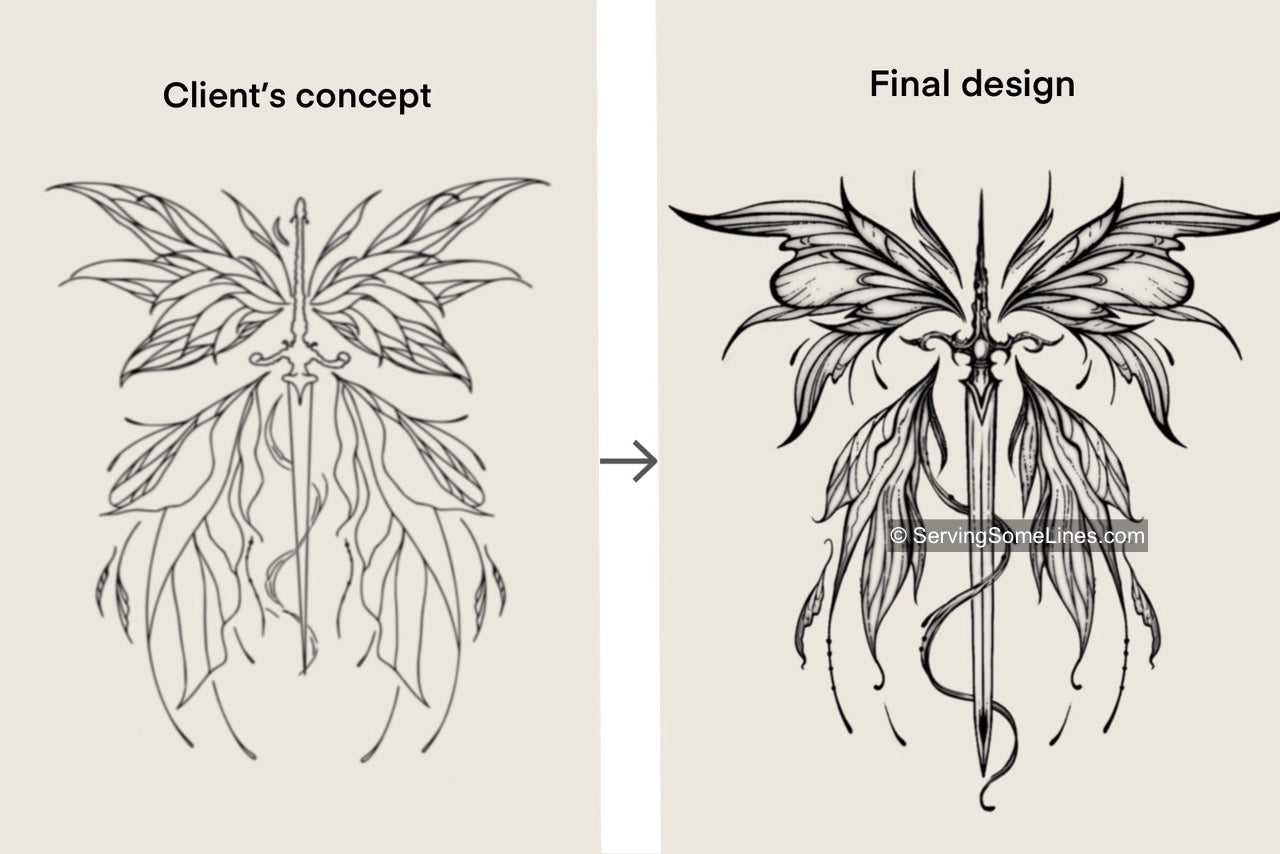 Client’s idea doodle transformed into custom tattoo design with sword and fairy wings, refined for elegant spine placement. 