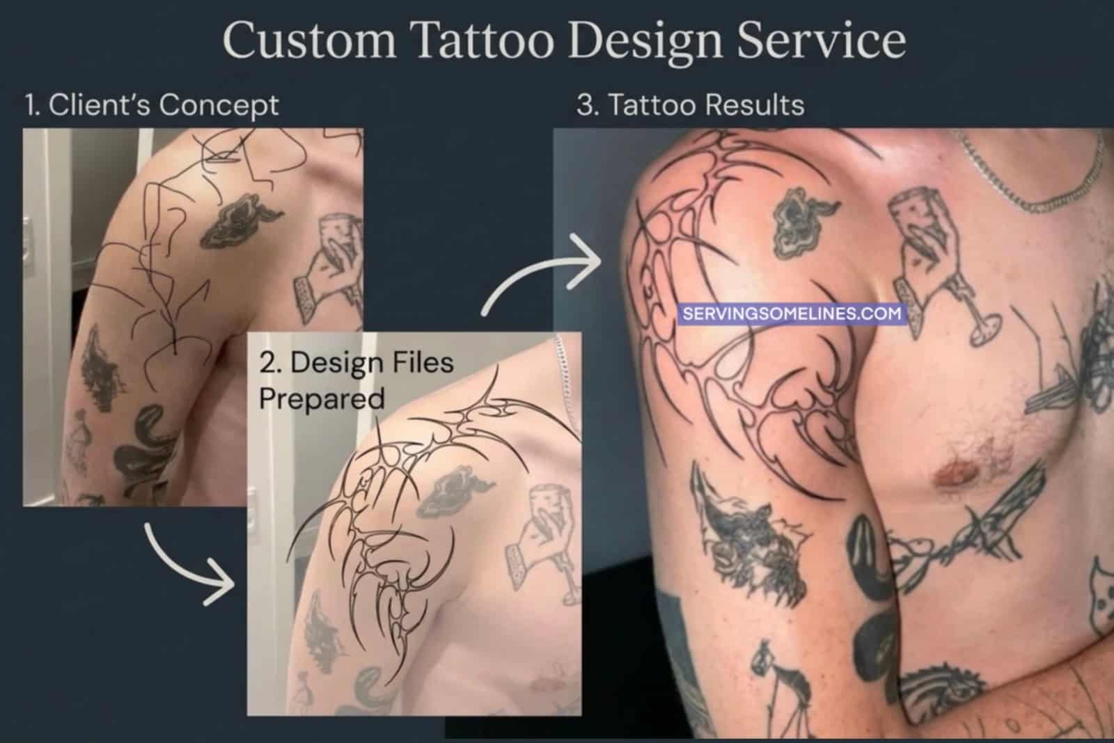 Custom tattoo design service example with abstract shoulder filler shapes, prepared design files, and finished tattoo result.