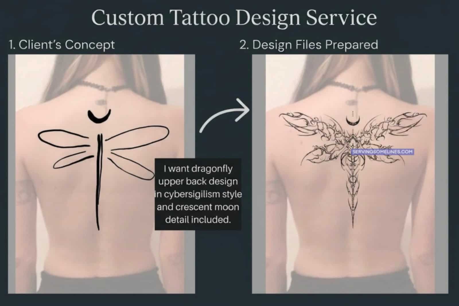 Custom tattoo design service example showing client concept and prepared upper back dragonfly tattoo with crescent moon detail.