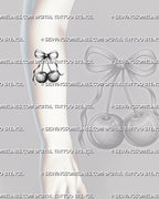 Cute cherry bow tattoo stencil shown on forearm placement with two shaded cherries, ribbon tails, and clear black linework.