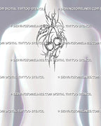 Cyber cherry tattoo shown on the upper back below the neck with paired cherries, tall cyber-sigil framing, thorn-like extensions, loops, and starburst ornament