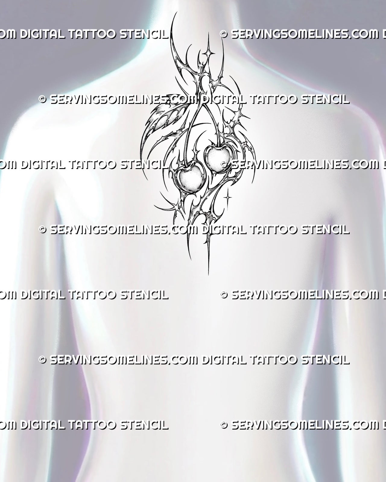 Cyber cherry tattoo shown on the upper back below the neck with paired cherries, tall cyber-sigil framing, thorn-like extensions, loops, and starburst ornament