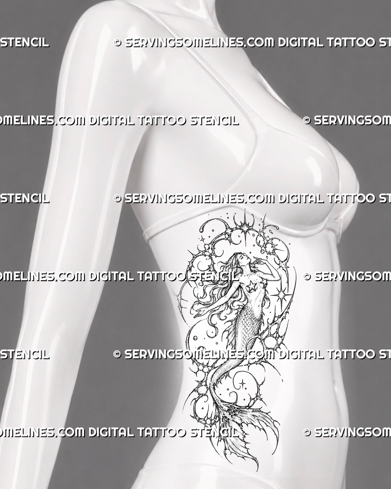 Cyber fantasy mermaid tattoo shown on women’s side body with elongated scaled tail, flowing hair, large fin, circular forms, and asymmetric cyber ornament