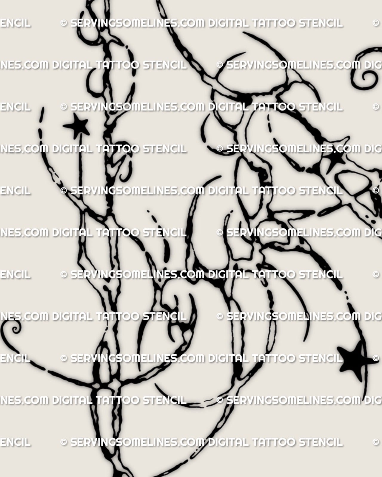 closeup of feminine cyber tribal tattoo linework showing ornamental swirls, cyber organic shapes, and star accent details for back placement