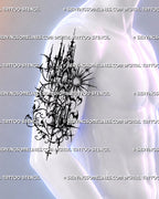 Placement preview on a man’s outer upper arm, showing gothic architectural fragments, celestial motifs and sharp cybersigilism extensions in black ink.