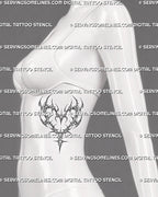 Cyber heart tattoo stencil shown on women’s rib placement with curved hook details and a long tapered lower point.
