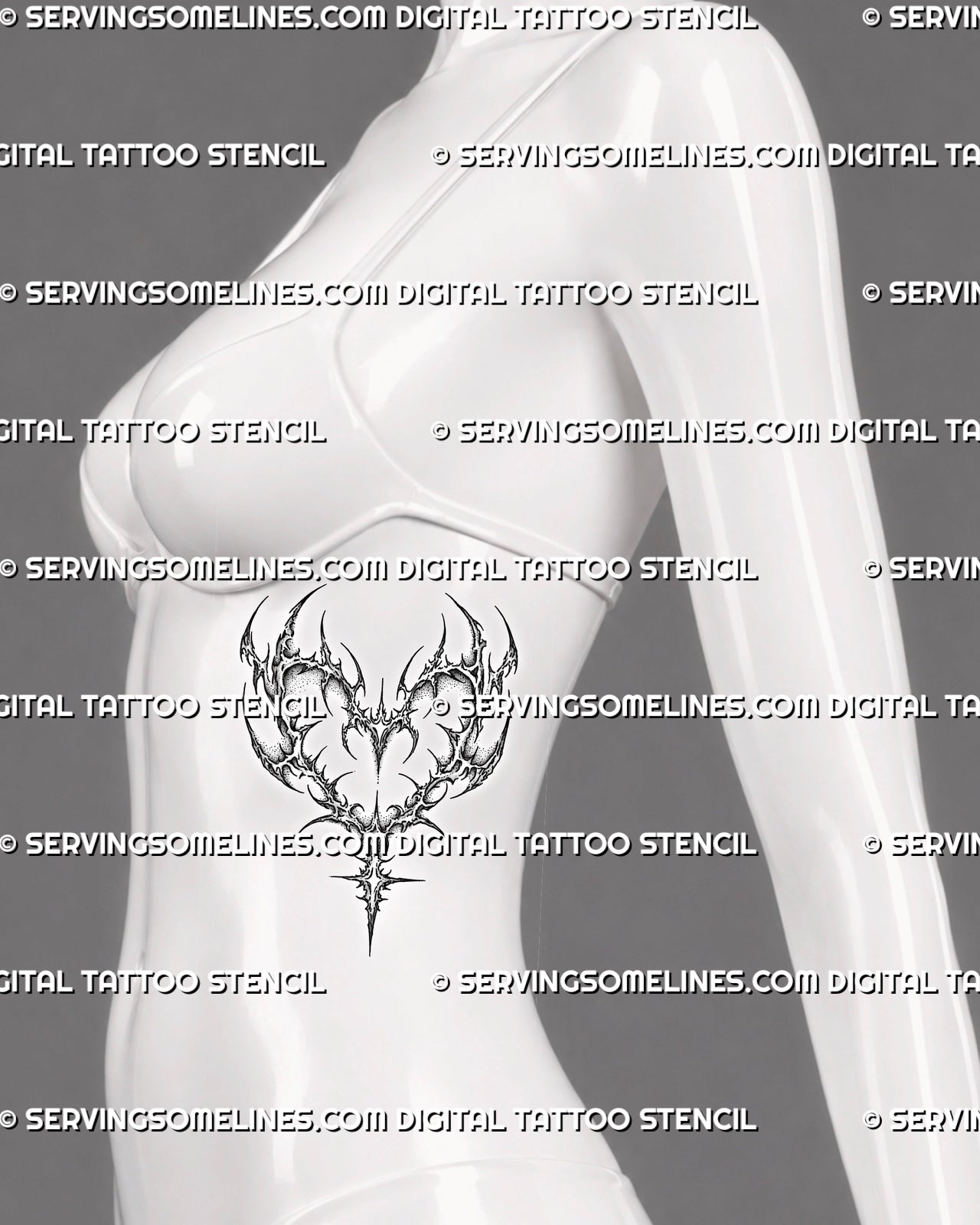 Cyber heart tattoo stencil shown on women’s rib placement with curved hook details and a long tapered lower point.
