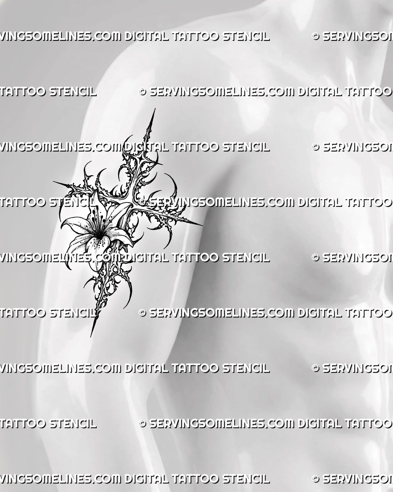 Cyber lily cross tattoo stencil displayed on men’s upper arm placement with sharp sigil frame and floral cross detail