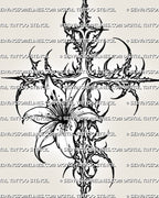 Cyber lily cross tattoo stencil with spiked sigil frame, floral center detail, and tall printable stencil layout
