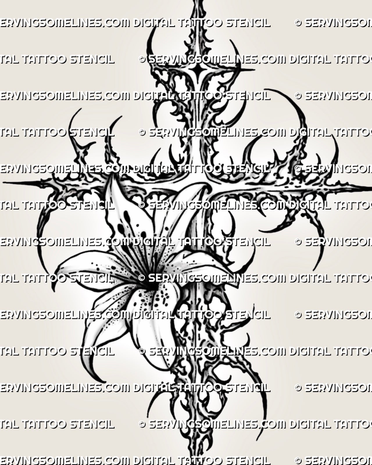 Cyber lily cross tattoo stencil with spiked sigil frame, floral center detail, and tall printable stencil layout
