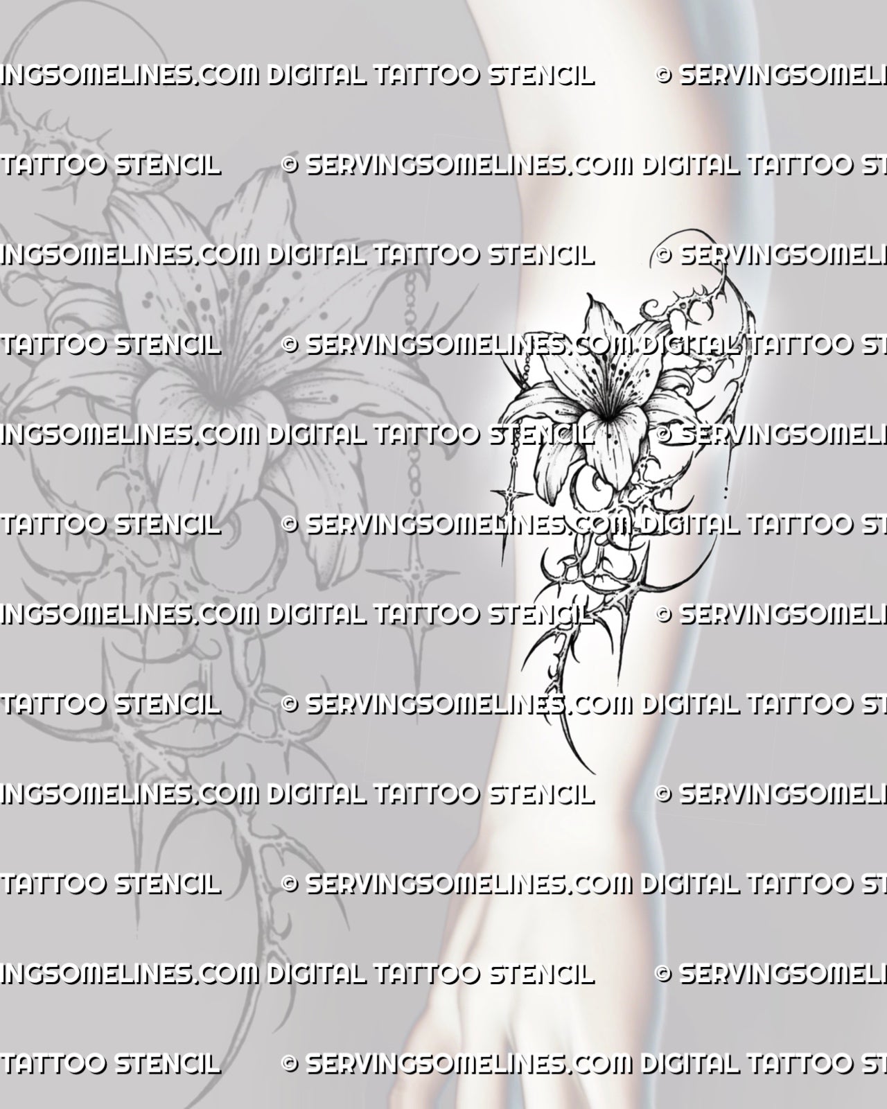 Cyber lily tattoo stencil shown on forearm placement with long vertical floral flow and clean black stencil linework