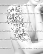 Cyber mermaid tattoo stencil shown on women’s arm with flowing hair, curved scaled tail, large fin, starbursts, and neotribal ornament