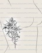 Cyber rose tattoo design shown on womens ribs placement, with shaded rose bloom, floral cybersigilism lines, and long vertical shape.