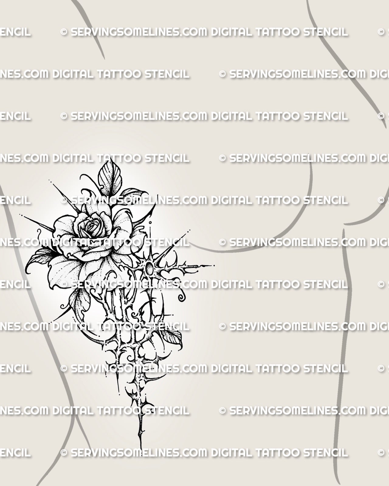 Cyber rose tattoo design shown on womens ribs placement, with shaded rose bloom, floral cybersigilism lines, and long vertical shape.