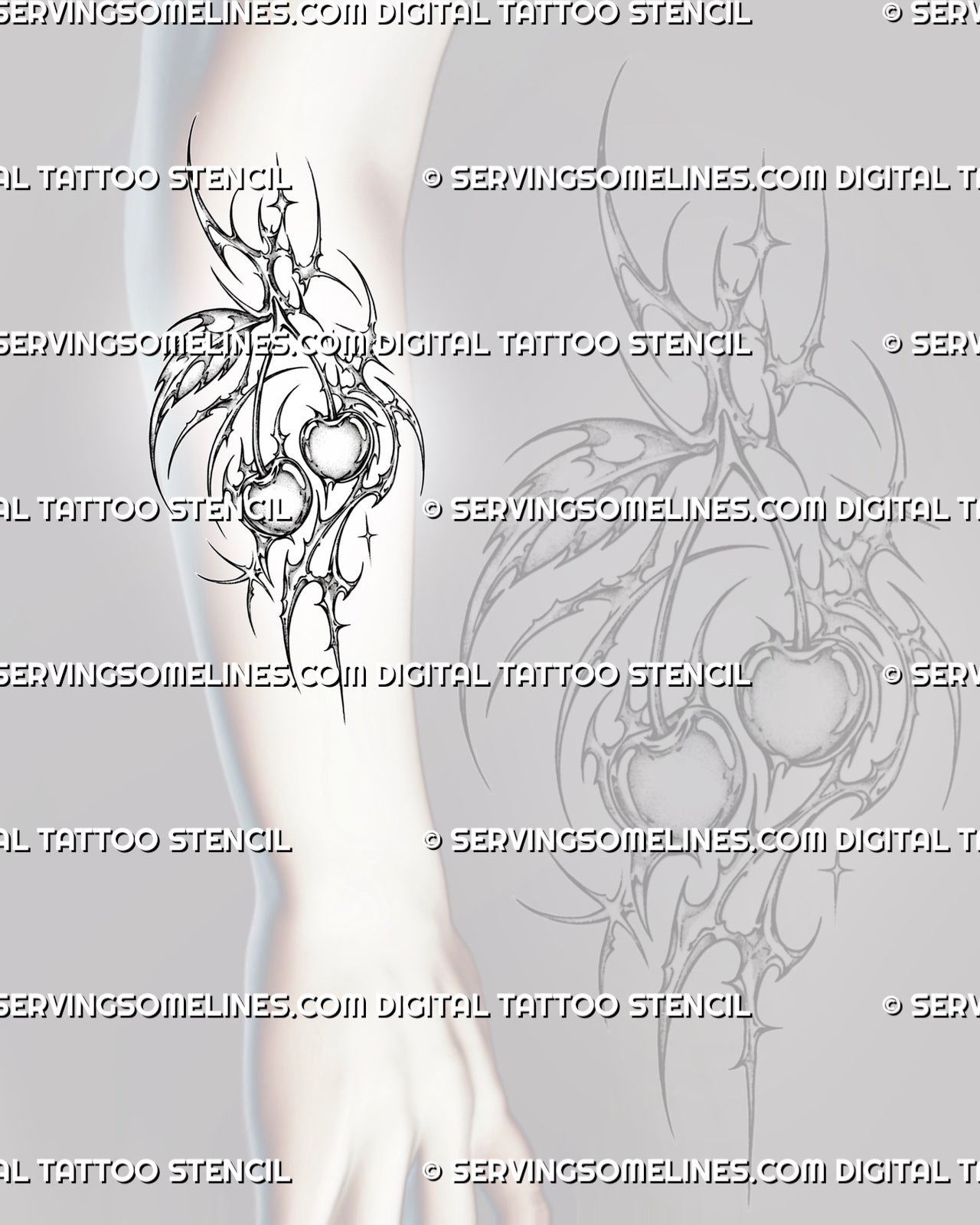 Cyber sigil cherry tattoo stencil shown on forearm with paired fruit, curved stems, broken circular forms, fine spikes, and elongated asymmetric composition