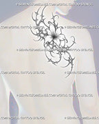 Cyber sigil flower tattoo stencil shown on men’s back shoulder with abstract floral design, curved ornamental linework, and blackwork-style detail