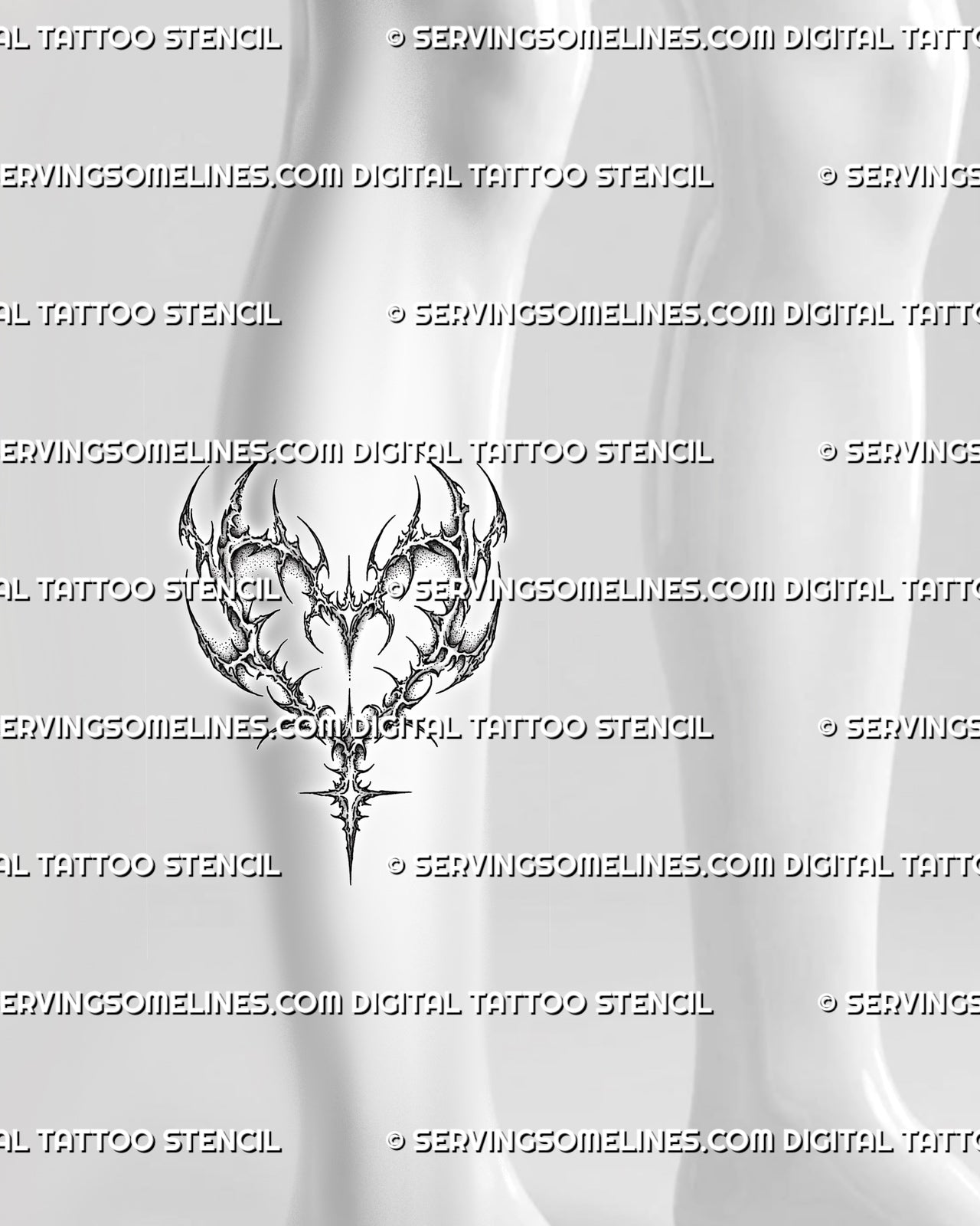 Cyber sigil heart tattoo stencil shown on calf placement with open heart frame, hooked edges, and sharp bottom point.