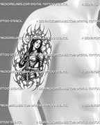 Cyber sigil knight tattoo stencil shown on men’s upper arm with armored female warrior, sword detail, sharp frame, and neotribal-style curves