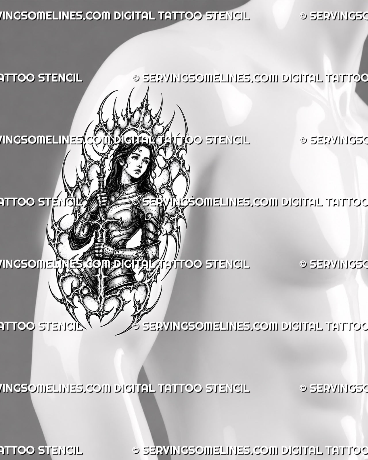 Cyber sigil knight tattoo stencil shown on men’s upper arm with armored female warrior, sword detail, sharp frame, and neotribal-style curves