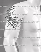 Cyber sigil moon tattoo stencil shown on men’s upper arm with crescent moon, sharp star accents, chain detail, and ornamental celestial design