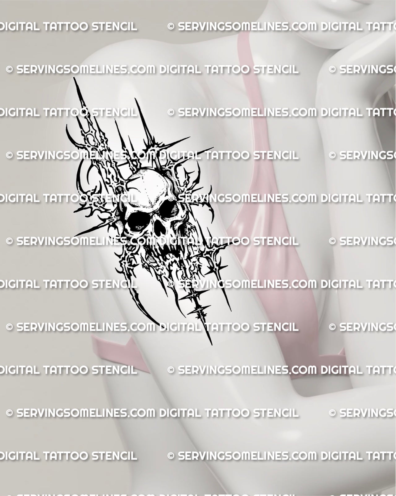 Cyber sigil skull tattoo design displayed on women’s upper arm placement example