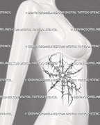Cyber sigil spider web tattoo stencil shown on women’s side with asymmetrical web shape, pointed curves, and dark ornamental linework