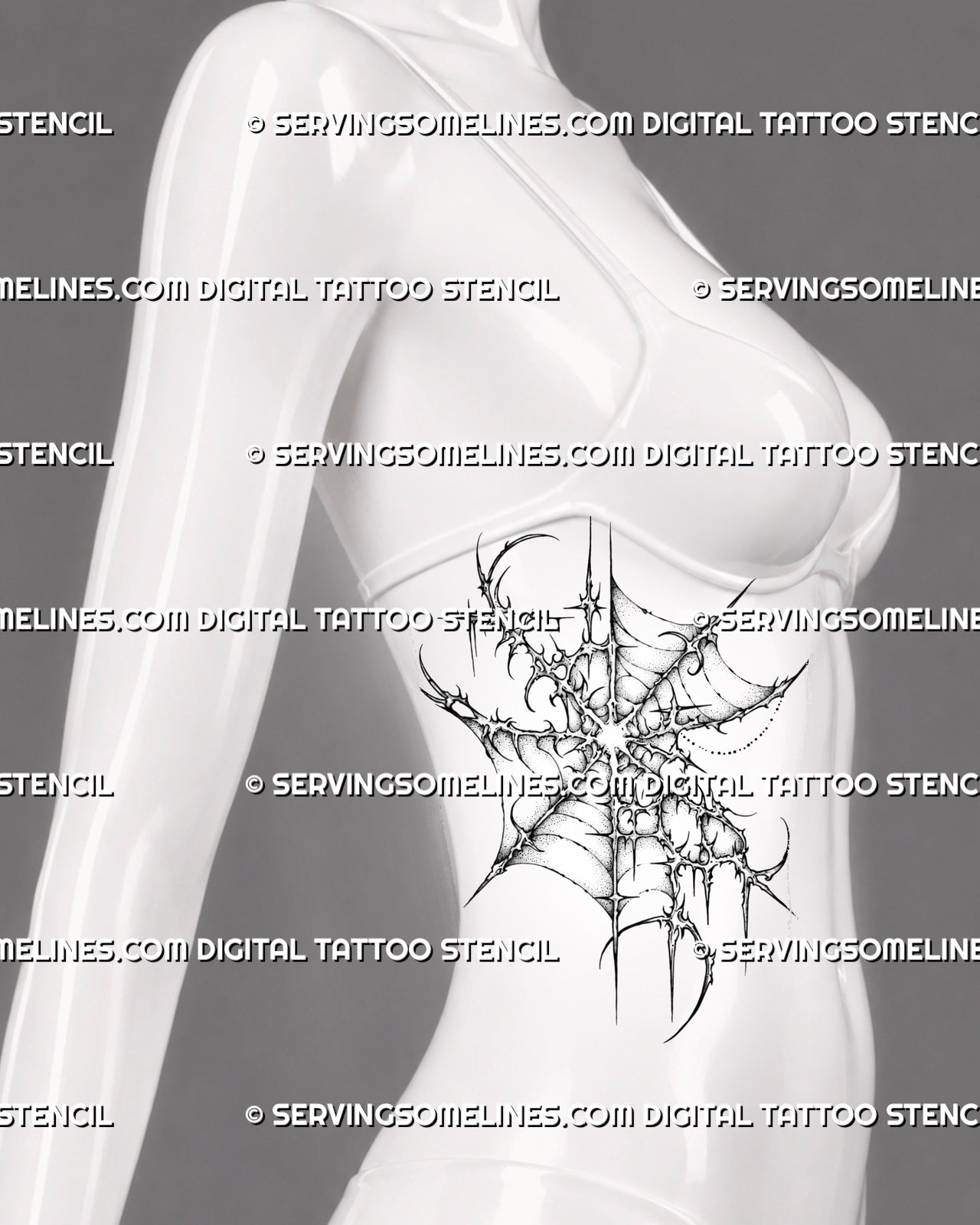 Cyber sigil spider web tattoo stencil shown on women’s side with asymmetrical web shape, pointed curves, and dark ornamental linework