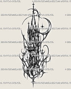 Printable cyber sigilism cathedral tower tattoo stencil with tall spire, gothic arches, cross finial, moon accents, and vertical architecture shape