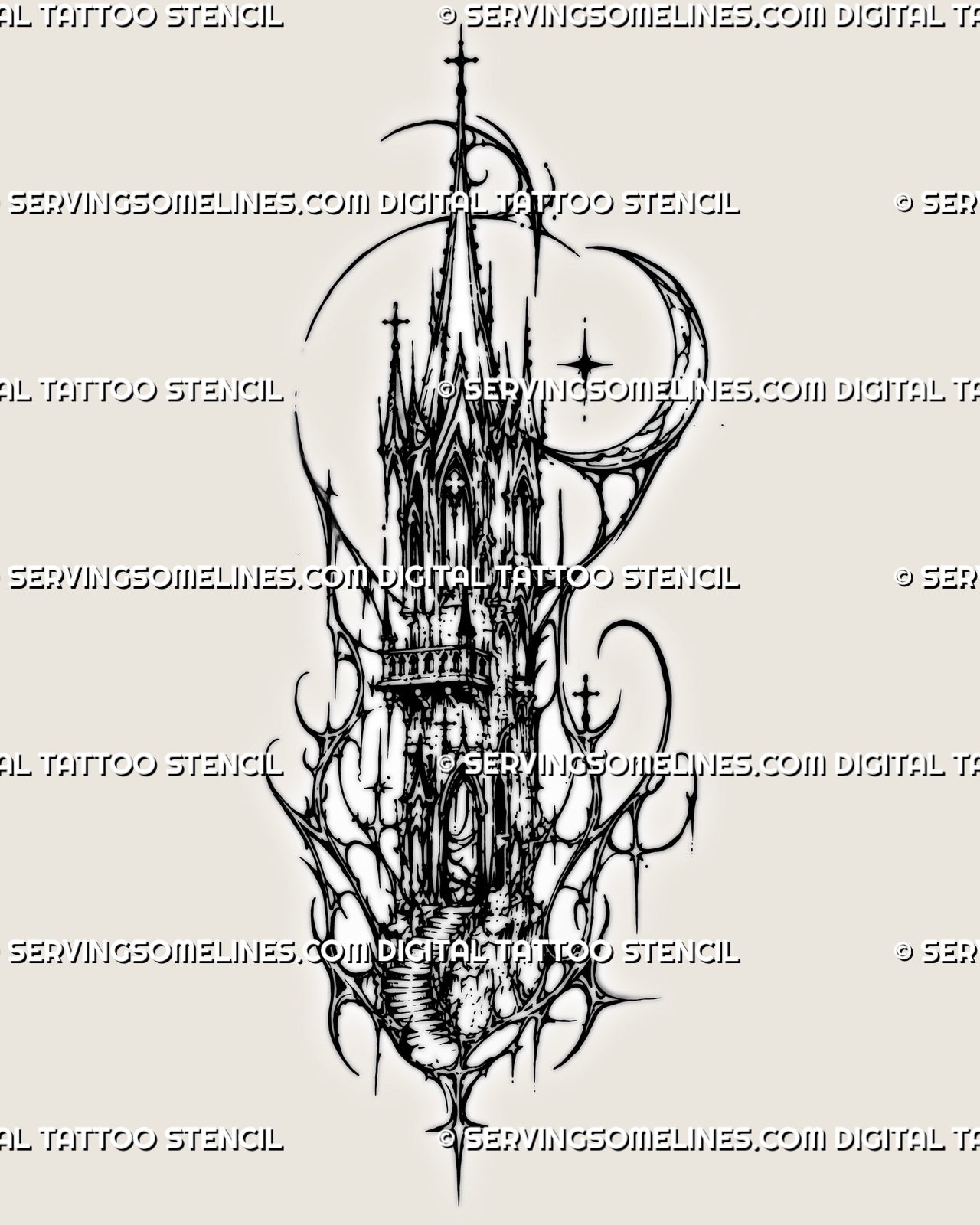 Printable cyber sigilism cathedral tower tattoo stencil with tall spire, gothic arches, cross finial, moon accents, and vertical architecture shape