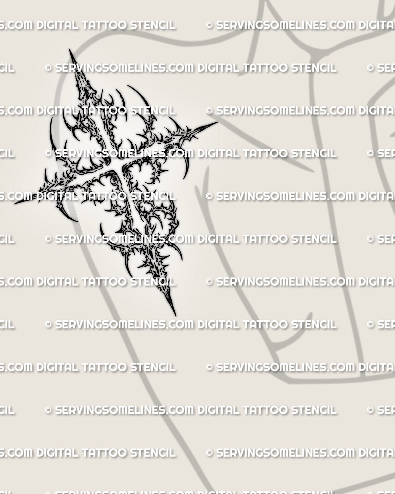 Cyber sigilism cross tattoo stencil shown on a women’s arm placement, with sharp black spiked linework and vertical flow.