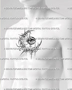 Cyber sigilism eye and moon tattoo stencil shown on men’s chest center, with crescent frame, single eye, and sharp celestial detail