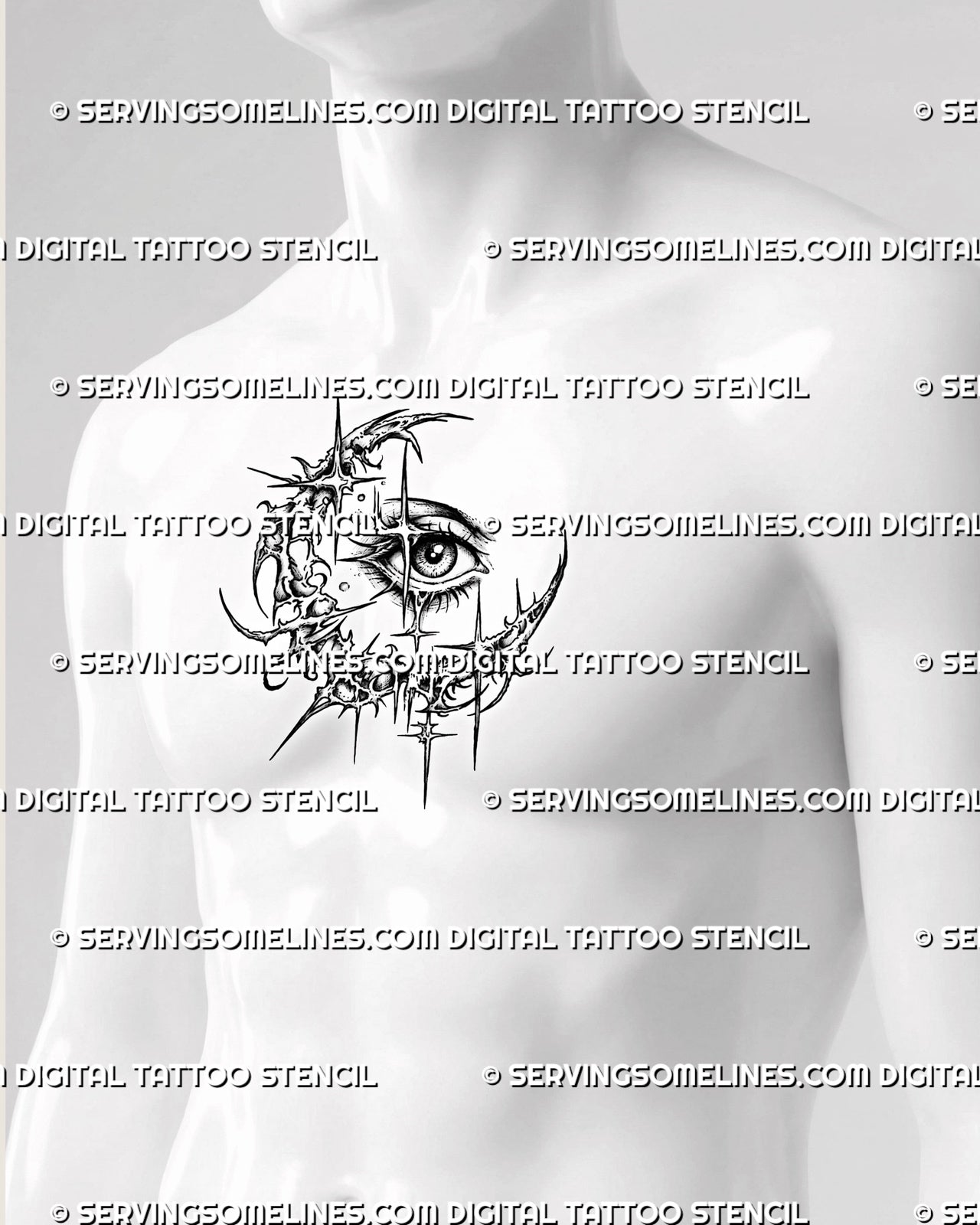 Cyber sigilism eye and moon tattoo stencil shown on men’s chest center, with crescent frame, single eye, and sharp celestial detail
