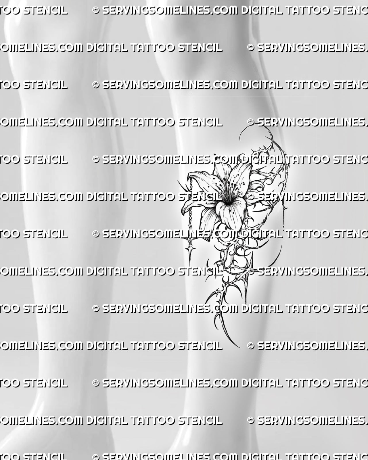 Cyber sigilism lily tattoo stencil shown on lower leg placement with vertical flower flow and sharp ornamental details 
