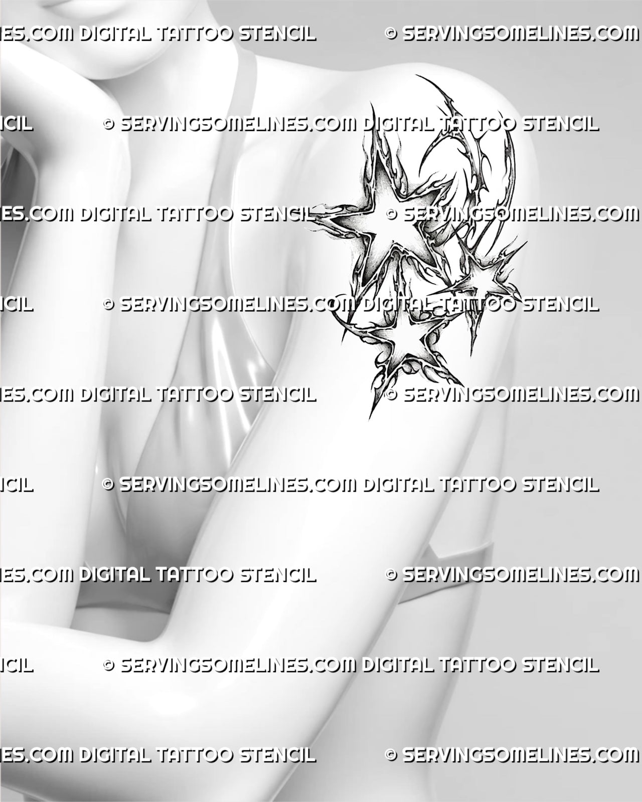 Cyber sigilism star cluster tattoo displayed on women’s upper arm, with three sharp stars and thin flowing interior lines