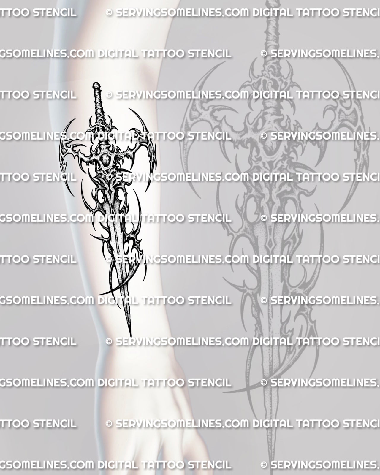 Cyber sigilism sword tattoo shown on forearm placement with vertical blade shape and sharp curved details