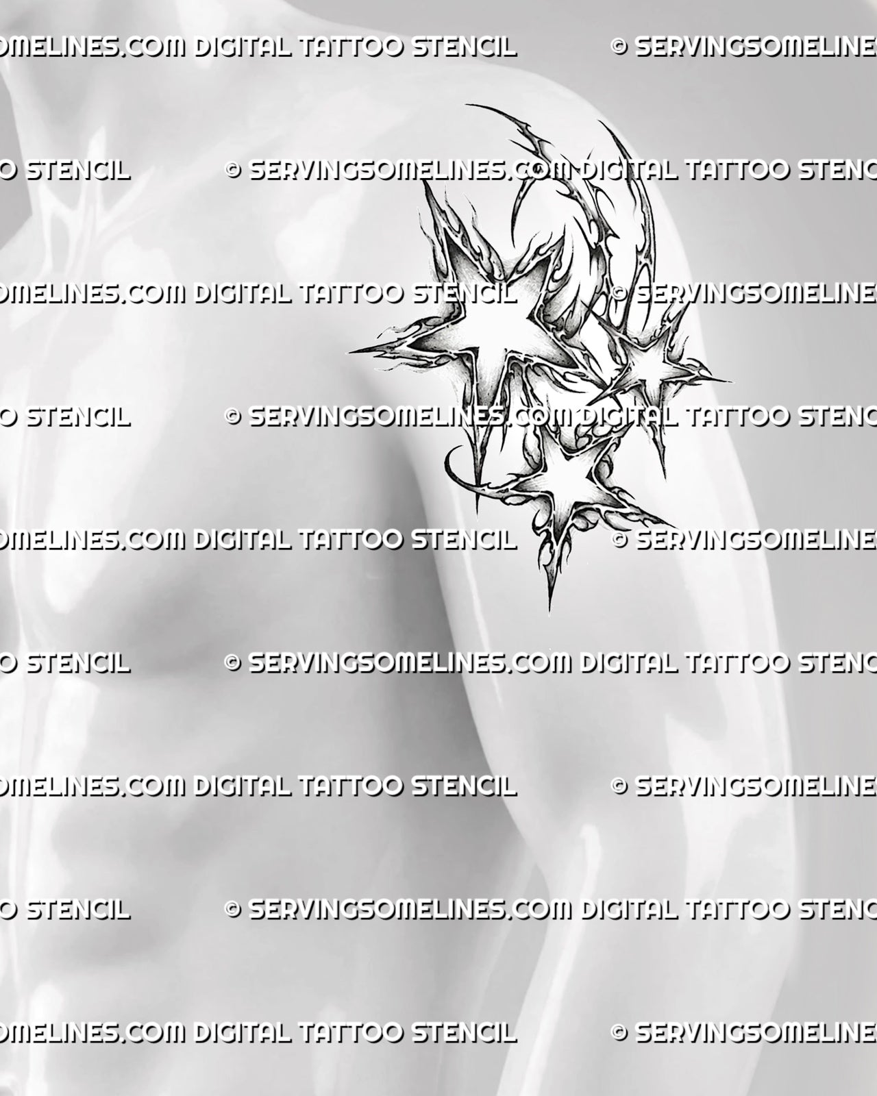 Cyber stars tattoo stencil displayed on men’s upper arm, with three grouped stars, thin interior lines, and bold modern shape 