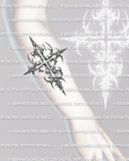 Cyber tribal cross tattoo stencil shown on forearm placement, with spiked black linework and a long vertical cross shape