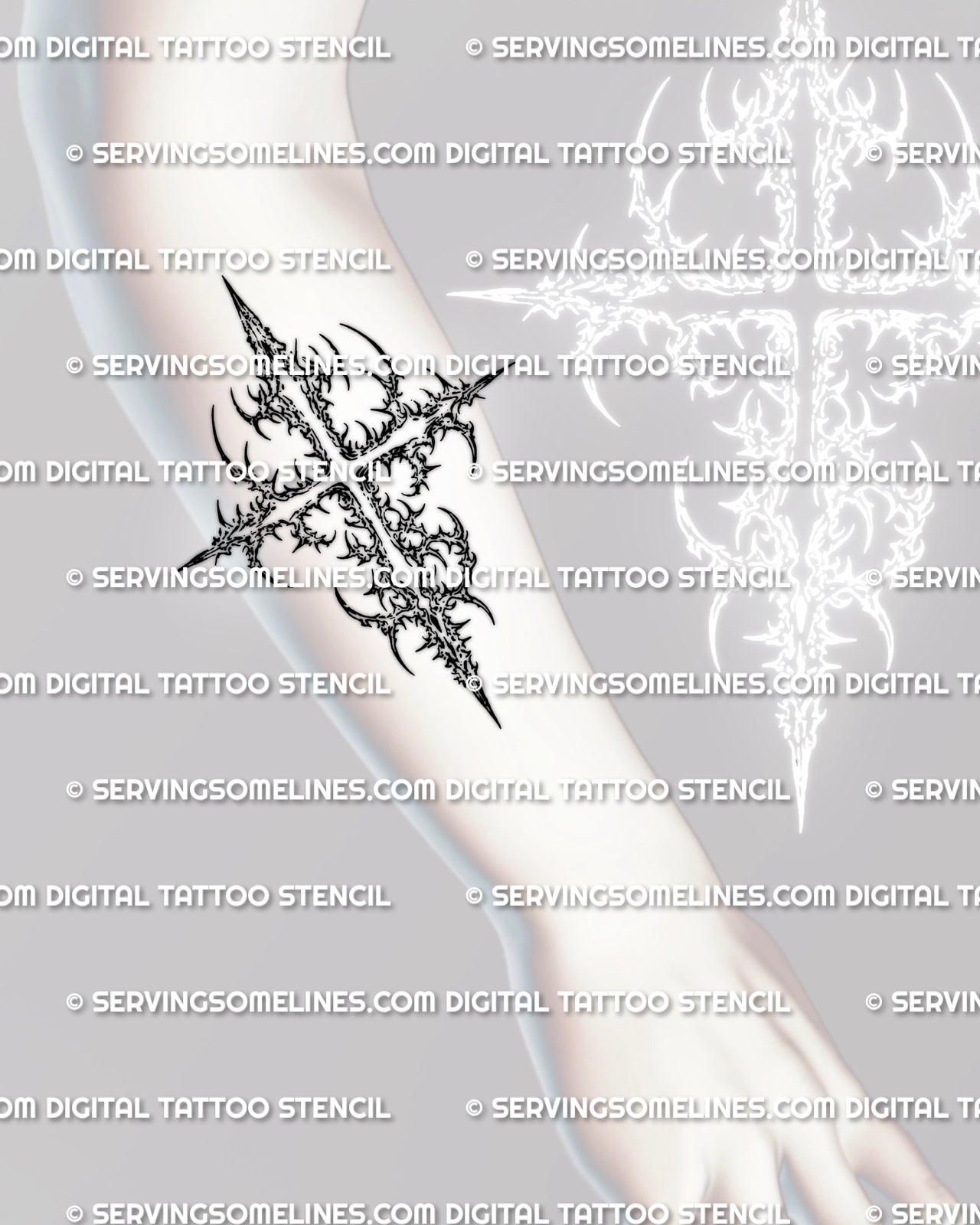 Cyber tribal cross tattoo stencil shown on forearm placement, with spiked black linework and a long vertical cross shape
