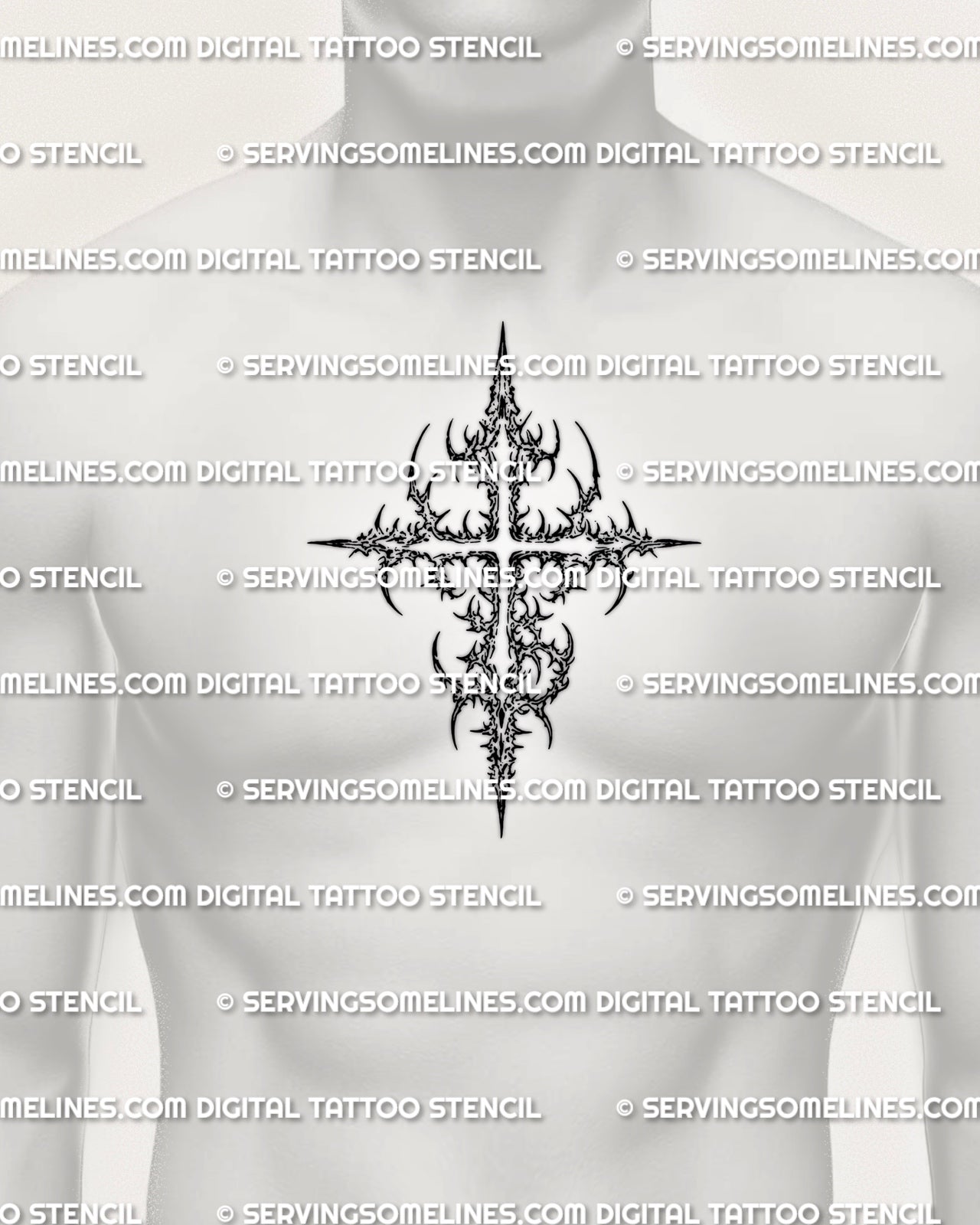 Cyber tribal cross tattoo stencil shown on men’s center chest placement, with sharp black spikes and a bold vertical structure